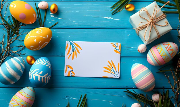 Foto huevos de pascua de colores de dibujos animados y flores de primavera con copyspace en fondo azul vacaciones de pascua