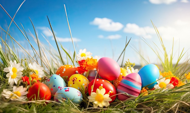 Huevos de Pascua de colores escondidos entre la vibrante hierba primaveral