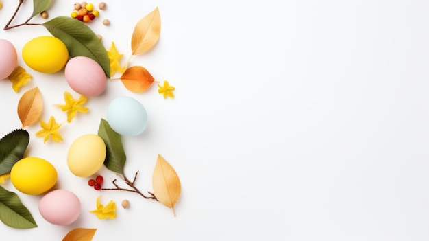 Huevos de Pascua de colores inspirados en la naturaleza y decoración de hojas en superficie blanca