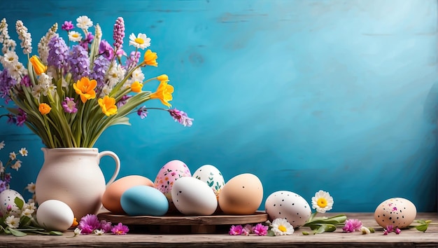 Huevos de Pascua de colores multicolores en la mesa con flores de primavera Bandera de Pascua con un espacio para el texto generado por IA