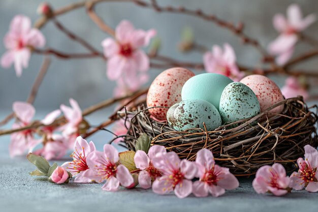 Huevos de Pascua de colores en un nido de pájaros y flores de cerezo sobre un fondo gris