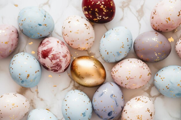 Huevos de Pascua de colores pastel moteados y pintados con oro de arriba hacia abajo con fondo plano