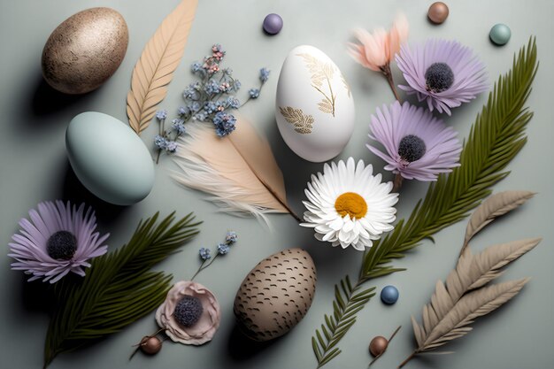 Huevos de Pascua de colores pintados con flores de primavera y plumas sobre un fondo gris IA generativa