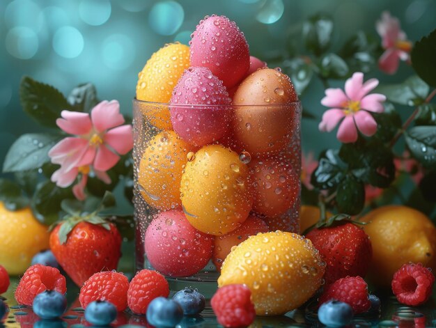 Huevos de Pascua coloridos y bayas en jarrón de vidrio Un montón de huevos de colores en vasos