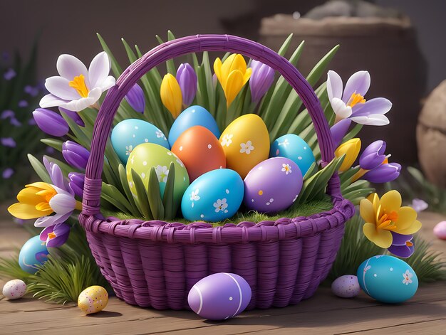 Huevos de Pascua coloridos en la canasta y flores de primavera Tarjeta postal de Pascua con tulipanes y huevos pintados en una canasta en la mesa