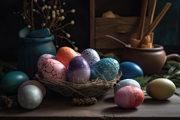 Huevos de Pascua coloridos en una canasta en una mesa de madera estilo rústico generado por la IA