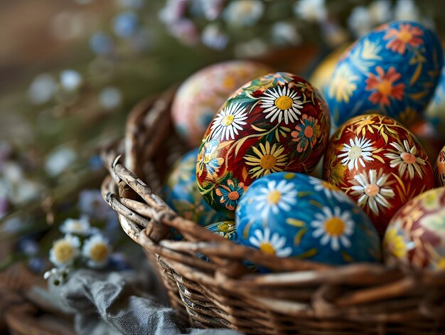 Huevos de Pascua coloridos en una canasta de mimbre sobre un fondo de madera