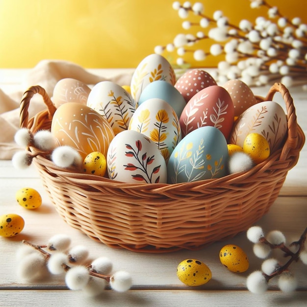 huevos de Pascua coloridos en una canasta de mimbre