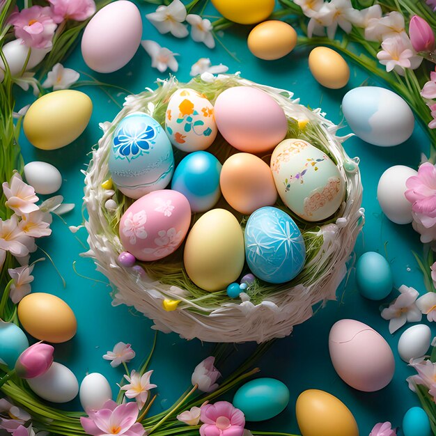 huevos de Pascua coloridos en una canasta redonda de mimbre