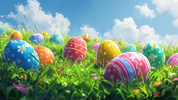 Huevos de Pascua coloridos colocados en la hierba formando una exhibición de arte festiva