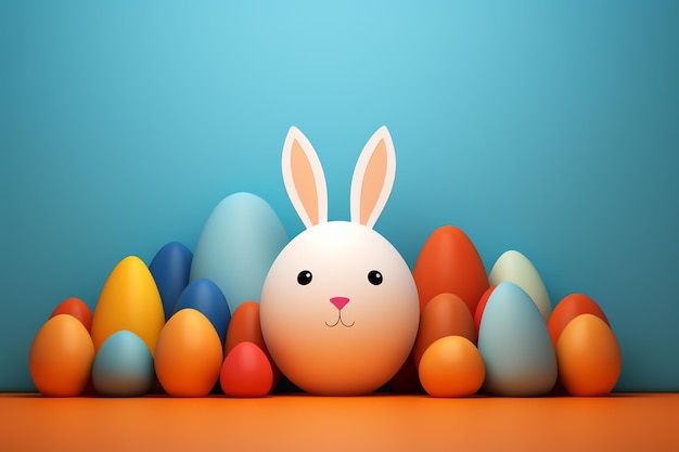 Foto huevos de pascua coloridos conejo de pascua gracioso creado por huevo fondo azul huevos de pascua coloridos dispuestos