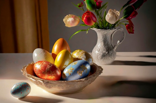 Huevos de Pascua coloridos en un cuenco con tulipanes en el fondo