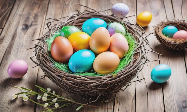 Huevos de Pascua coloridos dentro de un nido en una mesa de madera