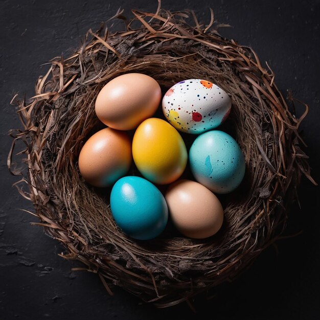 Huevos de Pascua coloridos dentro del nido Los niños pintan huevos de pascua coloridos