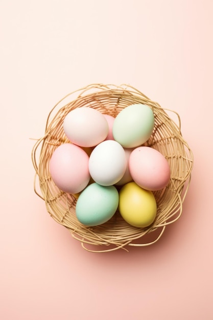 Huevos de Pascua coloridos dispuestos en una canasta sobre un fondo rosa pastel con espacio para copiar