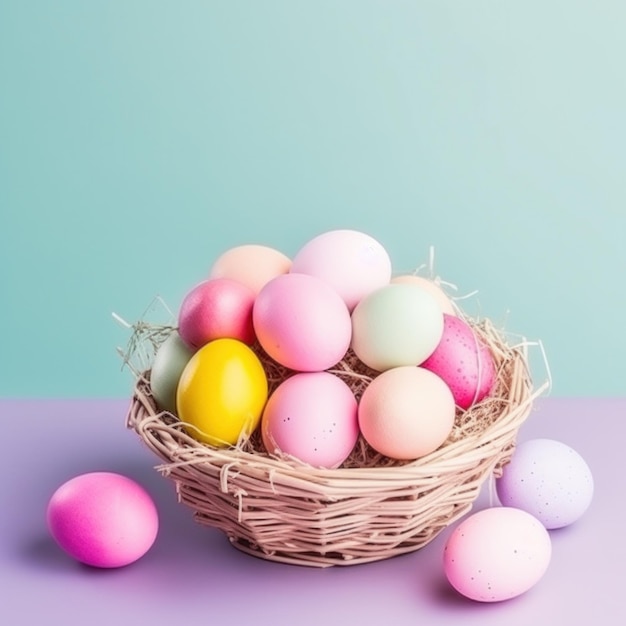 Huevos de Pascua coloridos dispuestos en una canasta sobre un fondo rosa pastel con espacio para copiar