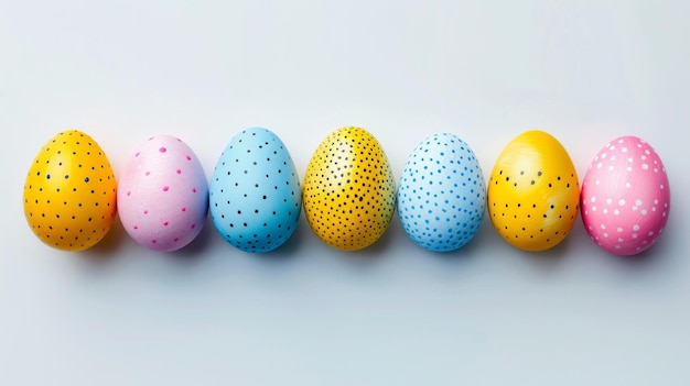 Huevos de Pascua coloridos dispuestos contra un telón de fondo blanco prístino listos para la celebración de las vacaciones AI Generative