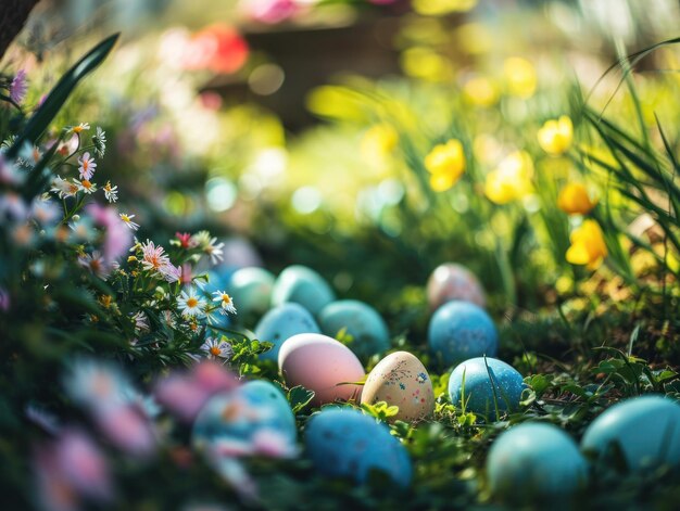 Huevos de Pascua coloridos escondidos en un jardín de primavera