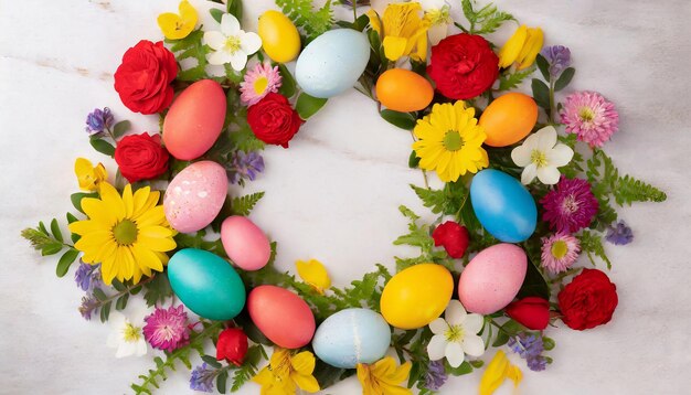 Huevos de Pascua coloridos y flores en un fondo claro