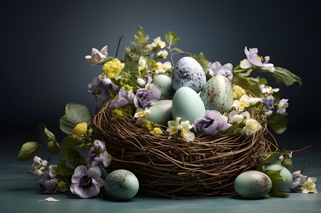 Huevos de Pascua coloridos y flores en un nido de fondo oscuro