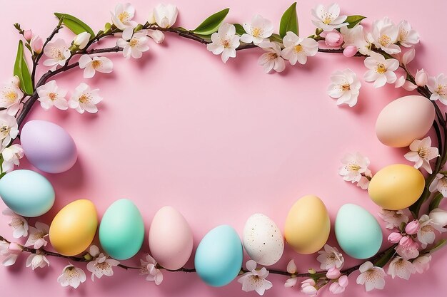 Huevos de Pascua coloridos con flores de primavera en fondo rosa Frontera de huevos de color de vacaciones