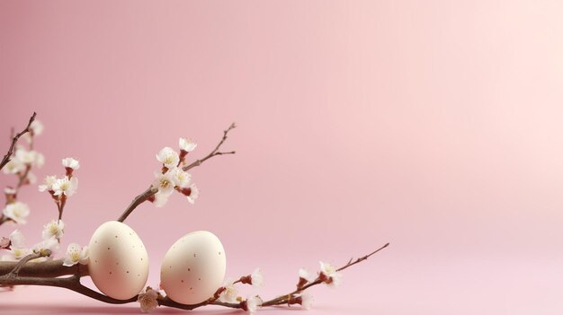 Huevos de Pascua coloridos con flores de primavera en fondo rosa Frontera de huevos de color de vacaciones