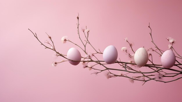 Foto huevos de pascua coloridos con flores de primavera en fondo rosa frontera de huevos de color de vacaciones