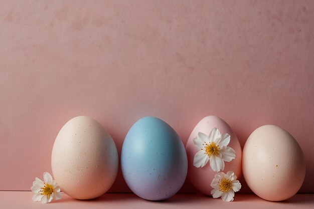 Huevos de Pascua coloridos con flores de primavera en fondo rosa Frontera de huevos de color de vacaciones