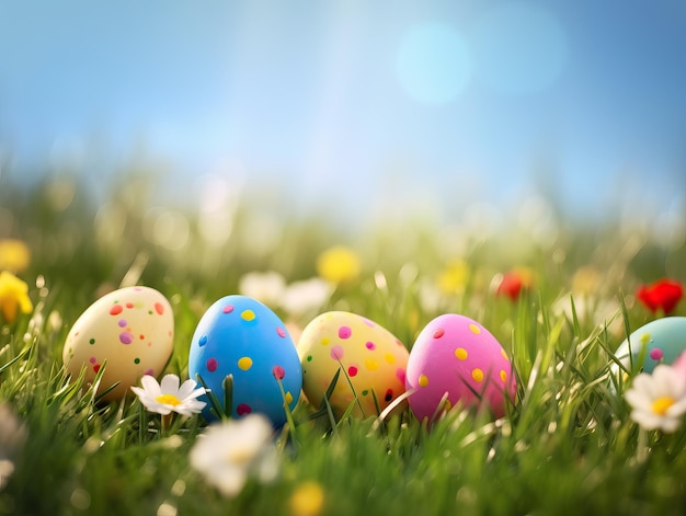 Huevos de pascua coloridos en la hierba con luz suave matutina IA generativa