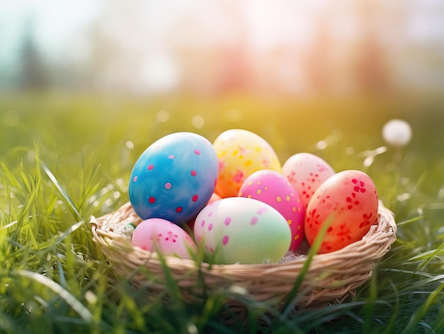 Huevos de pascua coloridos en la hierba con luz suave matutina IA generativa