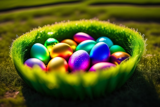 Huevos de Pascua coloridos en la hierba verde con el sol en el fondo