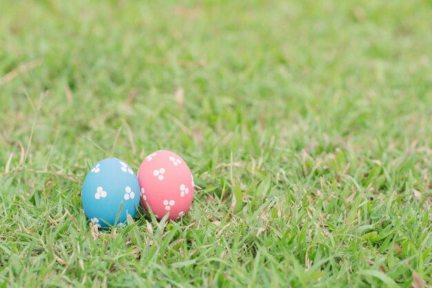 Huevos de Pascua coloridos en hierba verde