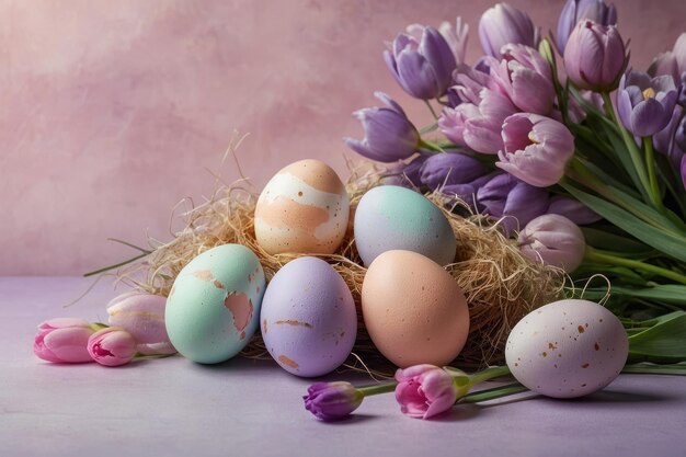 Huevos de Pascua coloridos en un nido con flores