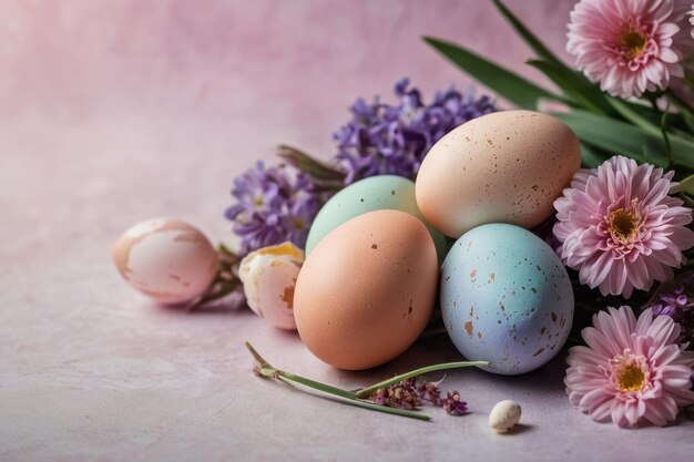 Huevos de Pascua coloridos en un nido con flores