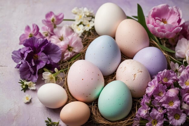 Huevos de Pascua coloridos en un nido con flores