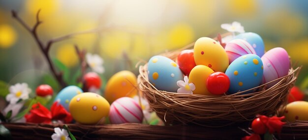 Huevos de Pascua coloridos en un nido en un fondo desenfocado