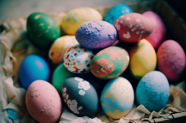 Huevos de pascua coloridos en nido en pradera Ai generativo