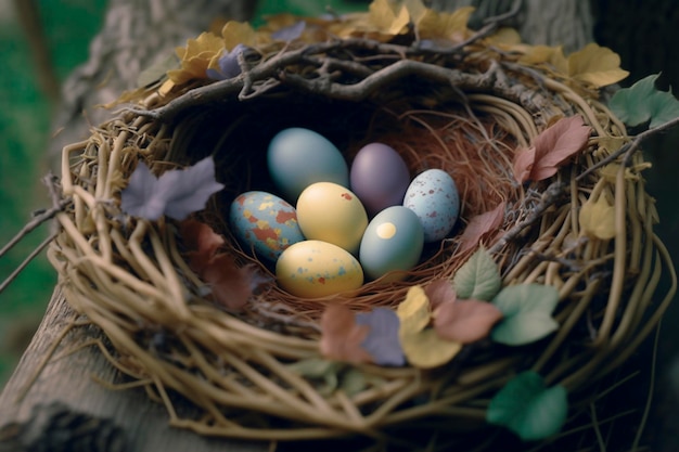 Huevos de pascua coloridos en nido en pradera Ai generativo