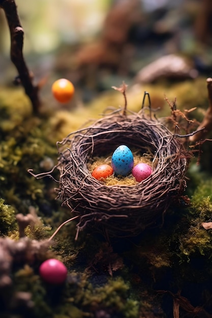 Huevos de Pascua coloridos en el nido sobre un fondo de musgo Concepto de Pascua Feliz AI Generativo