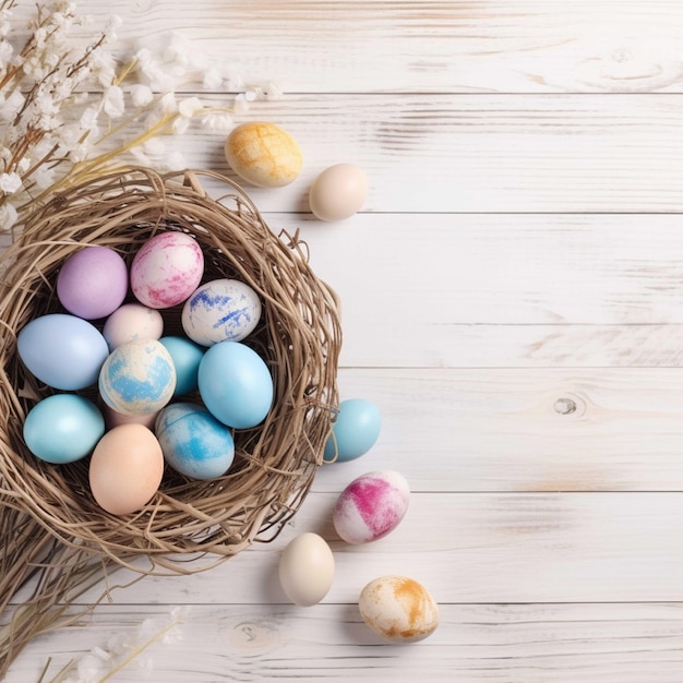 Huevos de pascua coloridos en nido en la vista superior de fondo de madera blanca