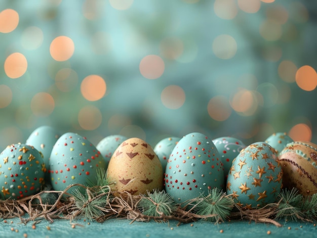 Huevos de Pascua coloridos pintados de azul en fondo azul pastel feliz fondo de Pascua ai generado