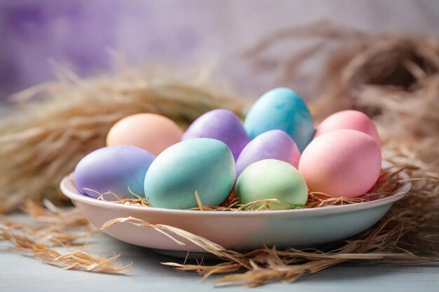 Huevos de Pascua coloridos en un plato blanco en el heno Fondo de bokeh natural suave