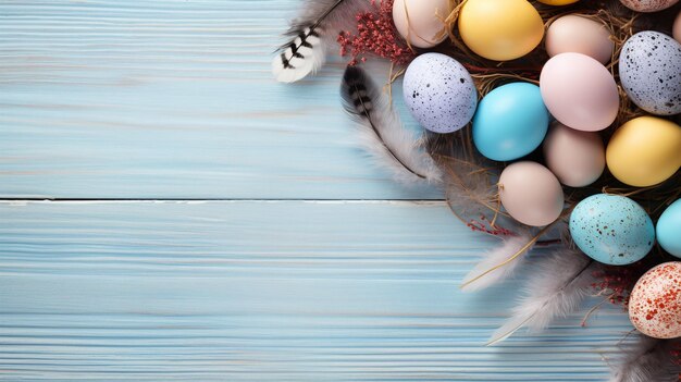 Huevos de Pascua coloridos y plumas en una mesa de madera azul Vista superior con espacio de copia IA generativa