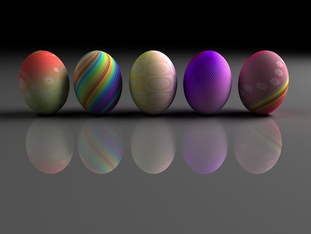 Huevos de Pascua coloridos sobre fondo gris 3D render Reflejo de espejo Espacio de copia