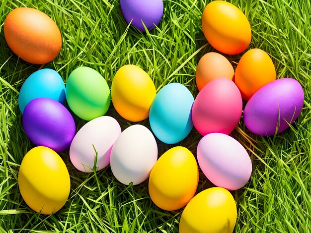 Huevos de Pascua coloridos sobre fondo de hierba verde con copyspace IA generativa