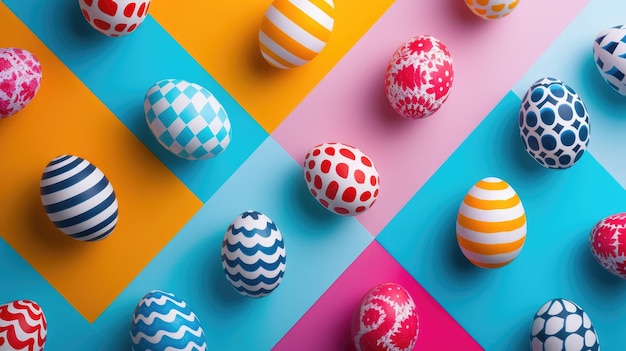 Huevos de Pascua coloridos sobre fondo rojo tonos y patrones vibrantes vista de cerca de la