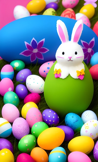 Huevos de Pascua y un conejito en un huevo verde.