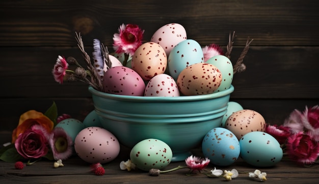 Foto huevos de pascua en cuenco azul con flores de primavera y gatitos