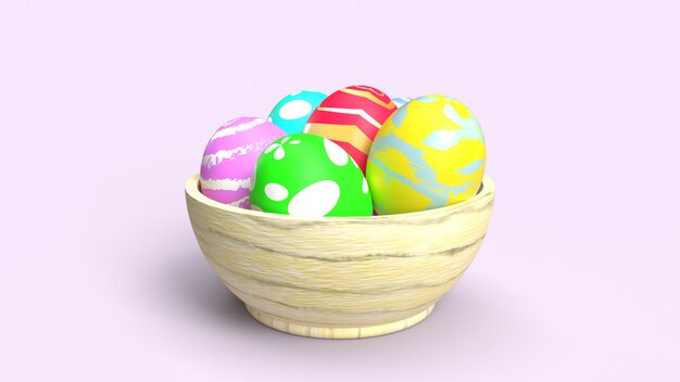 Huevos de Pascua en el cuenco de madera representación 3d para el contenido del día de fiesta.