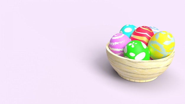 Huevos de Pascua en el cuenco de madera representación 3d para el contenido del día de fiesta.